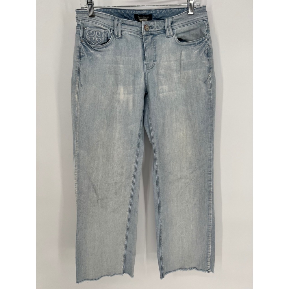 WHITE HOUSE BLACK MARKET Jeans Boot Leg 4R Light Blue Raw Hem Embroidered Pocket